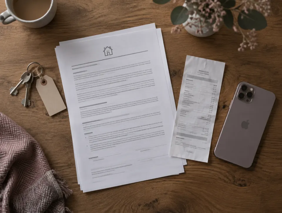 Apartment keys with a paper tag, a tenancy agreement and a repair receipt on a table